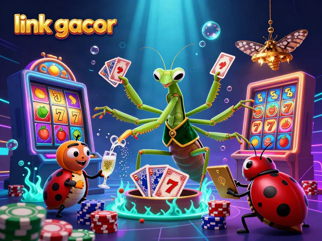 This vibrant scene shows a giant praying mantis dealing cards and chips, emphasizing the excitement of link gacor slot games.