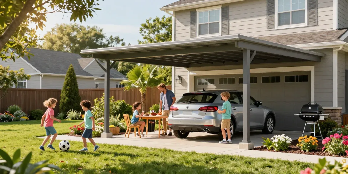 Moderne Carport-Lösung mit Familie beim Grillen und Spielen im Garten.