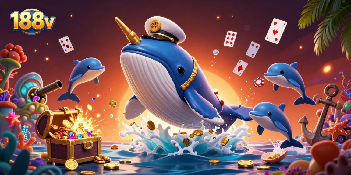 Win big with 188v amidst a dynamic scene with a cartoon whale, treasure, and playful dolphins.