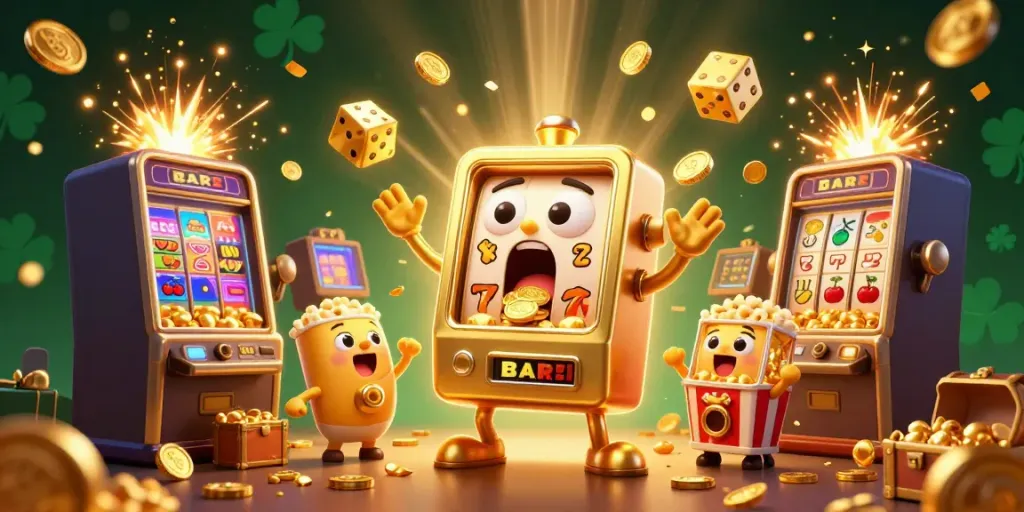 Win with UK88: Cartoon slot machine celebrating a jackpot with golden coins pouring out and cheers from baby slots.