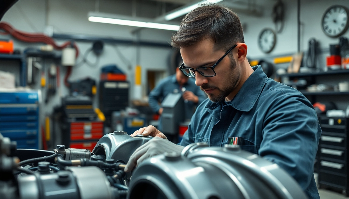 Mechanic repairing Auto Kufen in a bright workshop environment.