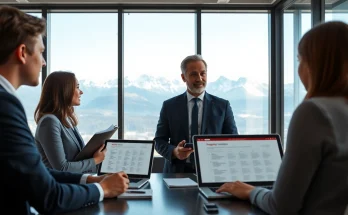Headhunter Schweiz kommuniziert mit Klienten und zeigt Joboptionen in einem modernen Büro.
