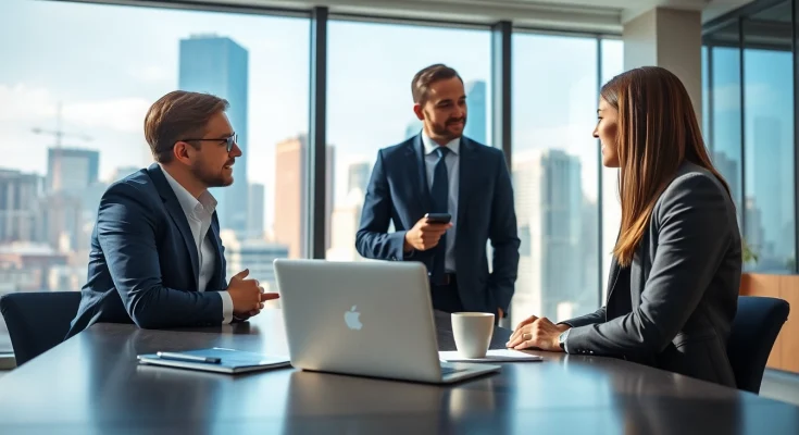 Headhunter Schweiz im Büro, interagiert mit einem Kandidaten in einem professionellen Rahmen.