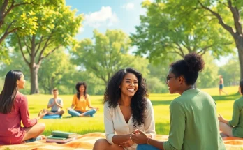 Illustration promoting mental health awareness through supportive conversations in nature.