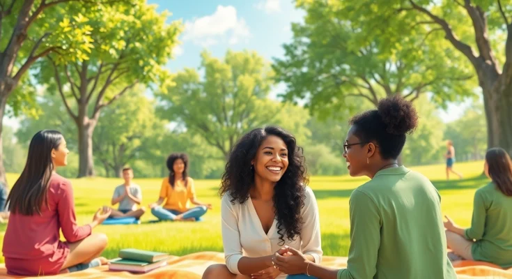 Illustration promoting mental health awareness through supportive conversations in nature.