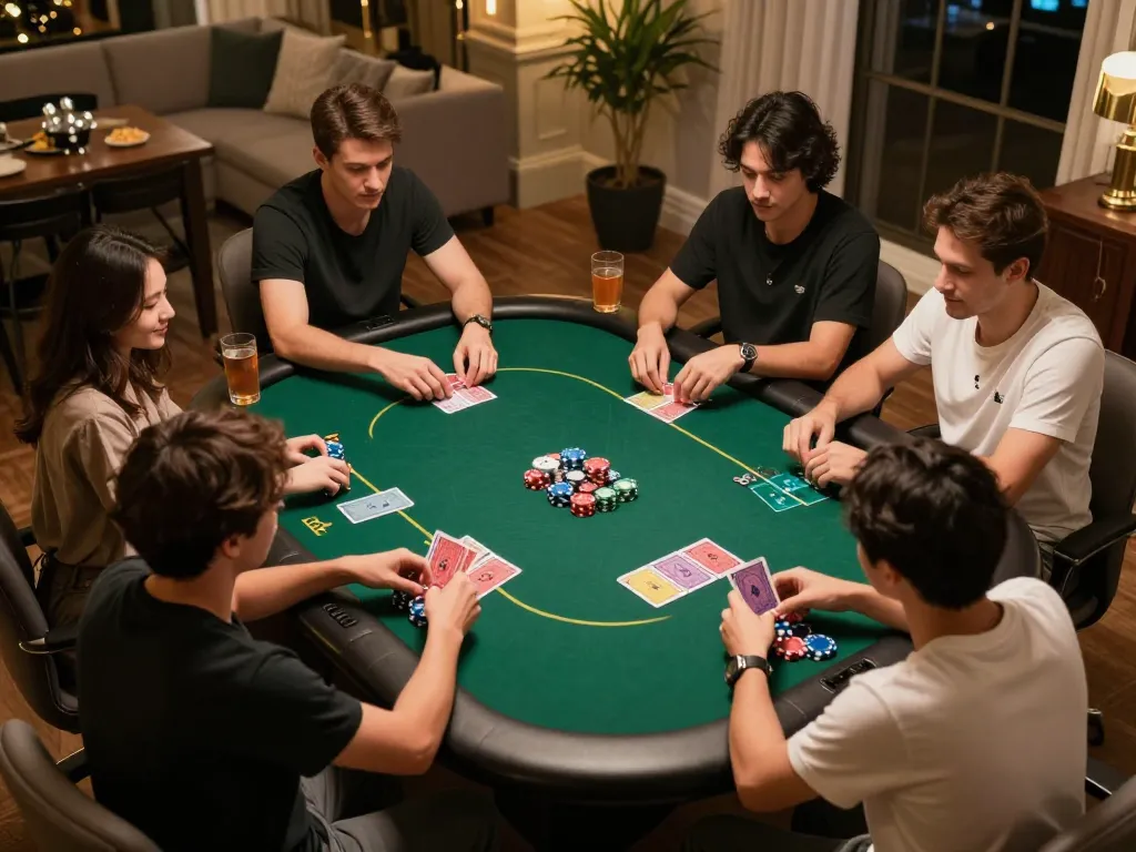 Immobilienmakler Frankfurt Dornbusch Spieler feiern einen Gewinn bei einem lebhaften Pokerspielabend.