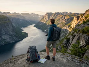 Urlaub in Skandinavien genießen mit Blick auf die atemberaubenden norwegischen Fjorde bei Sonnenuntergang.