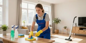 Expert cleaner performing unterhaltsreinigung bern in a modern home, emphasizing attention to detail and customer satisfaction.