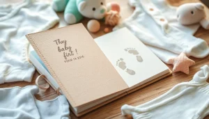 Baby Tagebuch auf einem Holz-Tisch mit pastellfarbenen Baby-Kleidungsstücken und Spielsachen