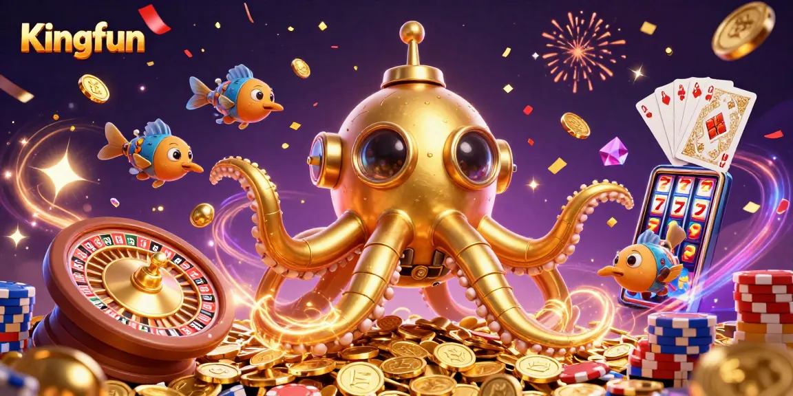 Kingfun invites players with an energetic 3D scene of a kraken submarine and casino elements.