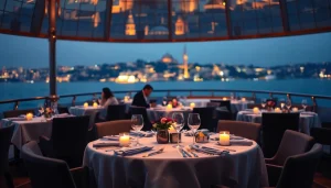 Bosphorus dinner cruise with elegant dining setup overlooking Istanbul's night skyline