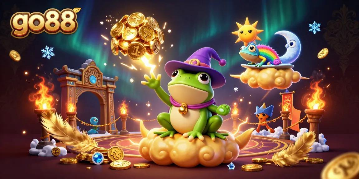 Experience the excitement of go88 with golden coins raining down from a weather wizard frog and vibrant characters.