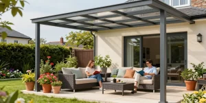 Moderne Terrassenüberdachungen mit gemütlichen Sitzgelegenheiten im Garten, einladende Atmosphäre