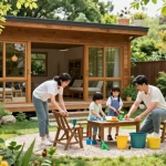 Familie genießt Zeit im Garten Haus mit bunten Blumen und modernem Holzdesign.
