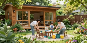 Familie genießt Zeit im Garten Haus mit bunten Blumen und modernem Holzdesign.