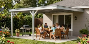 Terrassenüberdachung freistehend, stilvolles Aluminiumdach über Essbereich im Garten mit Familie und blühender Landschaft