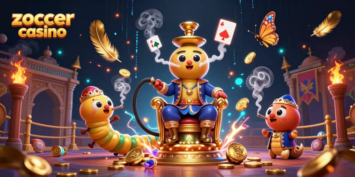 Zoccer Casino showcases a vibrant 3D cartoon illustration featuring a caterpillar master and poker symbols, immersing players into an animated gaming world.