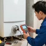 Verbrennungsanalysator in Einsatz durch Techniker zur Luftqualitätsüberwachung in Wohnumgebung
