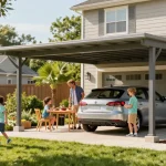 Moderne Carport-Lösung mit Familie beim Grillen und Spielen im Garten.
