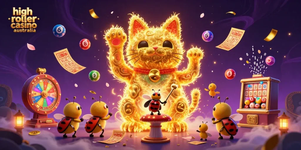 Experience the excitement of high roller casino australia with vibrant game elements and lucky symbols.