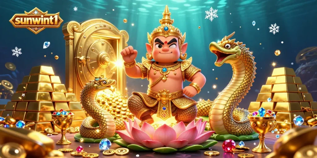 Experience thrilling gameplay at sunwint1 with a captivating golden treasure and lively characters.
